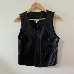 Ann Taylor Vintage Black Leather Zip 4 Pocket Vest Women's Small EUC Made in USA